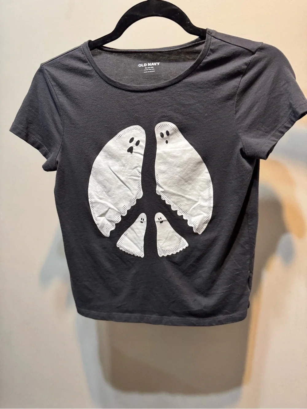 Old Navy Kids Black Tee with White Ghost Peace Graphic